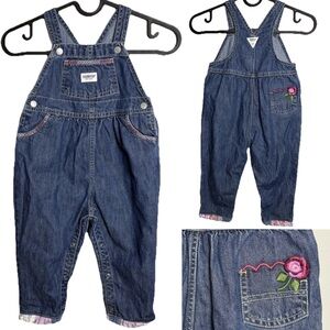 OshKosh B’gosh Girls Denim Overalls 24M • Embroidered Flower • Snap Legs